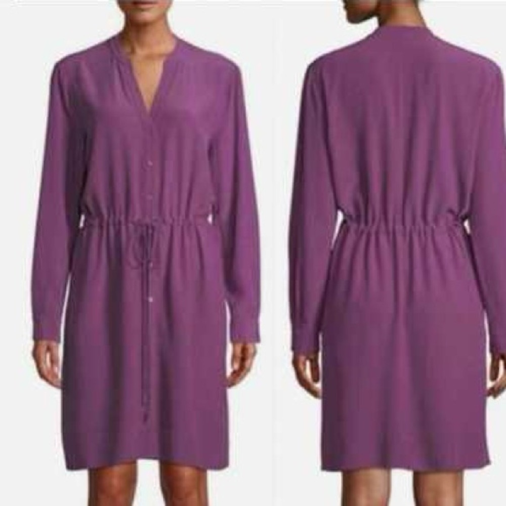 EILEEN FISHER Purple‎ Shirt Dress Drawstring Size L Long l Sleeve Work Casual